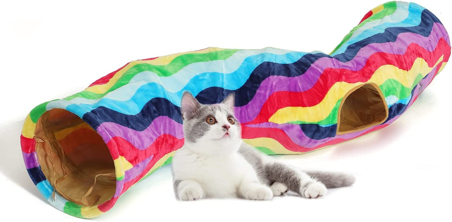 Large Cat Tunnel Bed with Plush Cover,Fluffy Toy Balls, Small Cushion and Flexible Design- 10 Inch Diameter, 3 Ft Length- Great for Cats, and Small Dogs, Gray Star Pattern