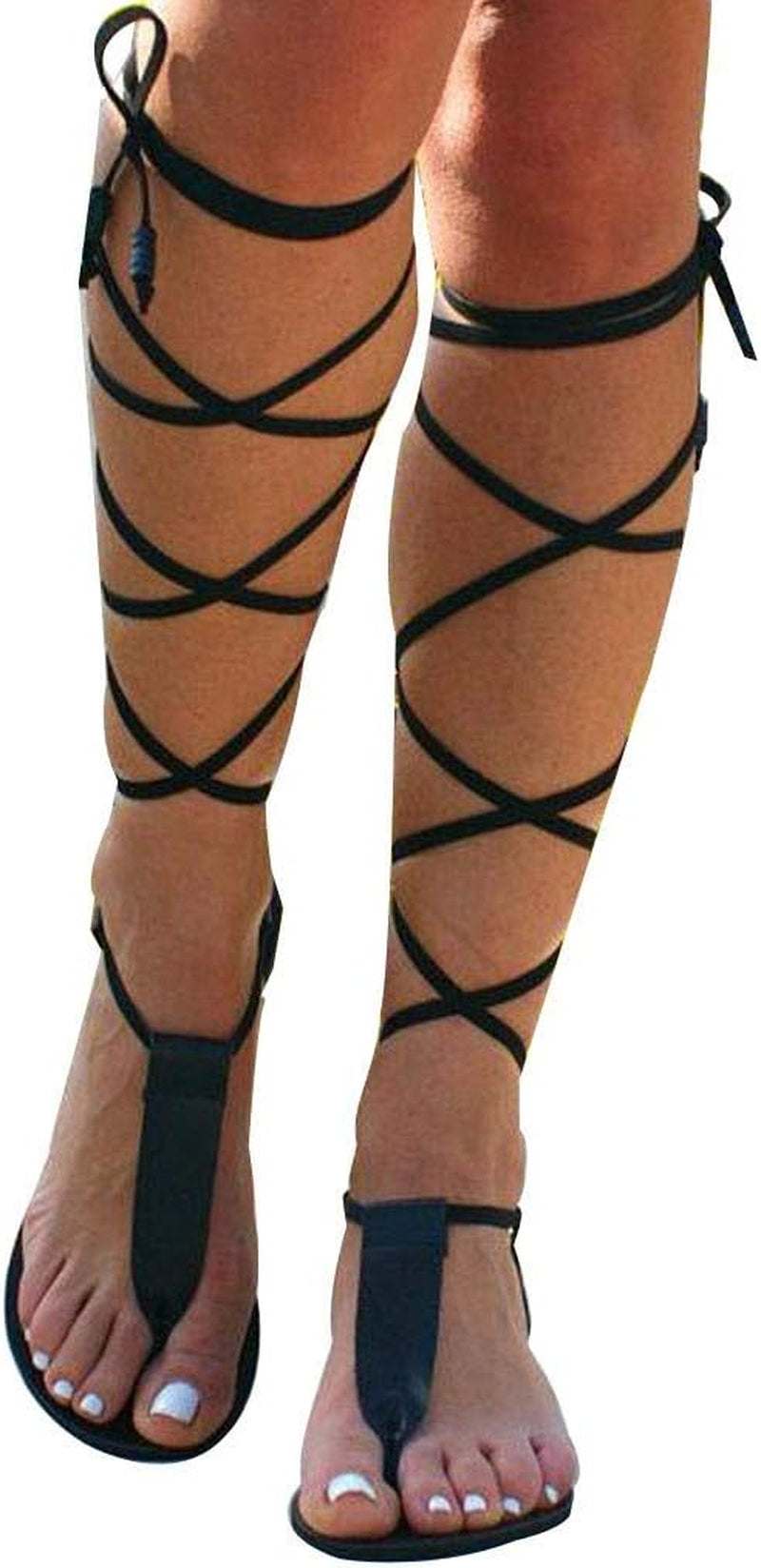 Women Gladiator Sandals Flat,Summer Strappy Lace up Open Toe Knee High Flat Sandal Black