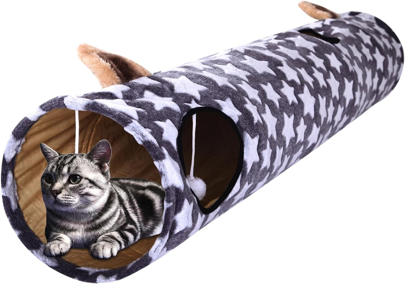 Large Cat Tunnel Bed with Plush Cover,Fluffy Toy Balls, Small Cushion and Flexible Design- 10 Inch Diameter, 3 Ft Length- Great for Cats, and Small Dogs, Gray Star Pattern