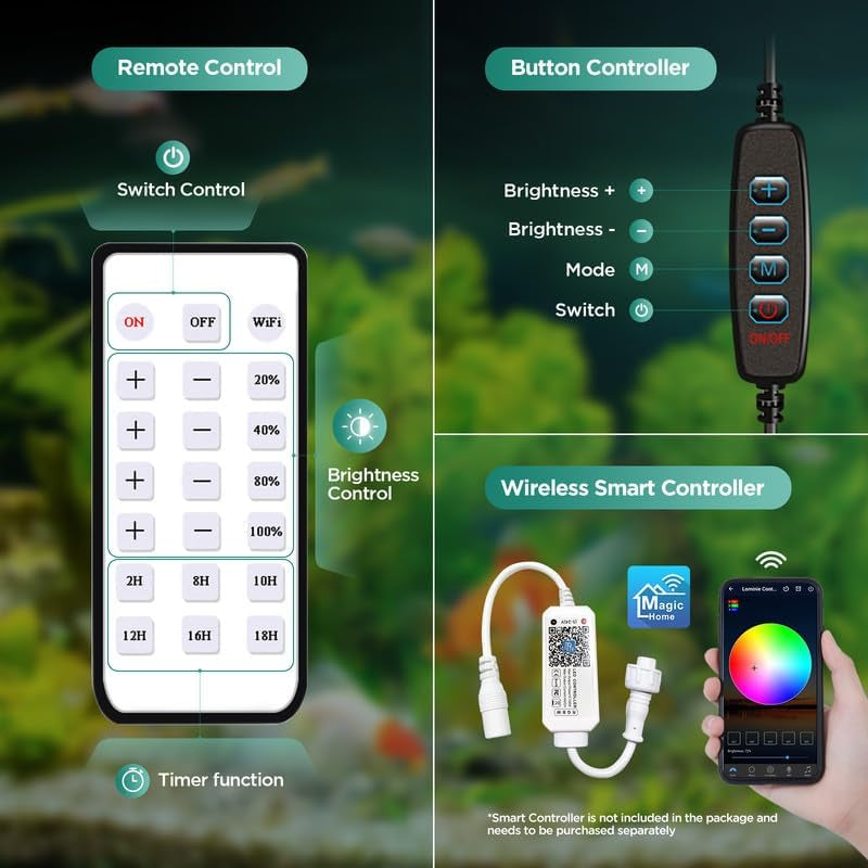 LED Aquarium Light, Planted Tank Light 4 Channels Remote Control 6500K Aquarium LED Lamp for Freshwater Fish Tank Refugium with Gooseneck (A20 Freshwater)
