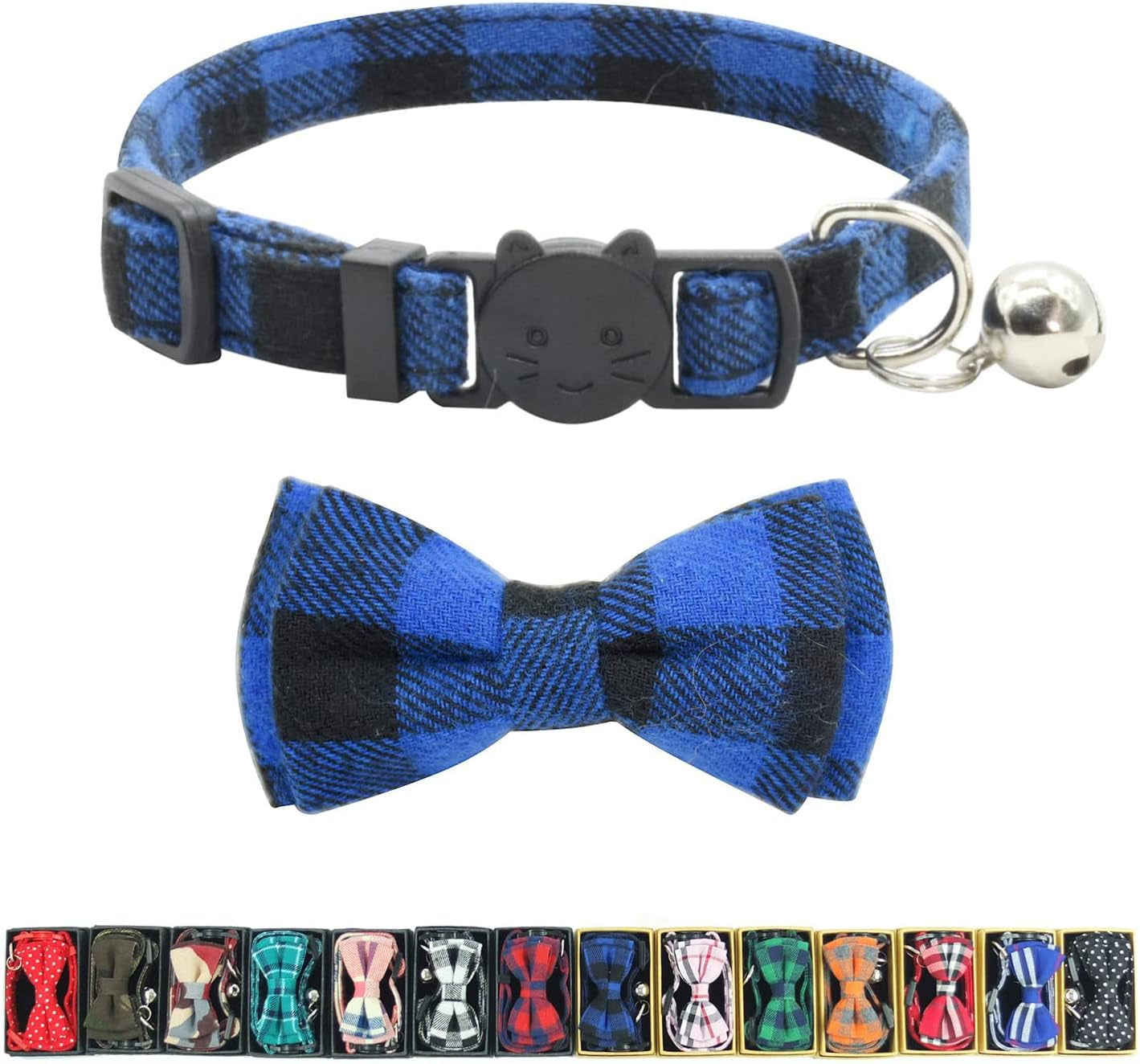 Cat Collar Breakaway with Bell and Bow Tie, Plaid Design Adjustable Safety Kitty Kitten Collars(6.8-10.8In)(Pink Plaid 2)