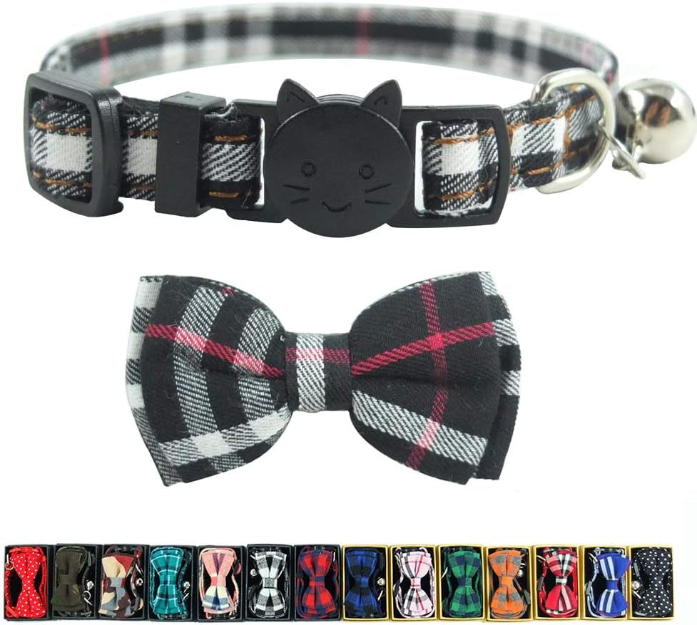 Cat Collar Breakaway with Bell and Bow Tie, Plaid Design Adjustable Safety Kitty Kitten Collars(6.8-10.8In)(Pink Plaid 2)