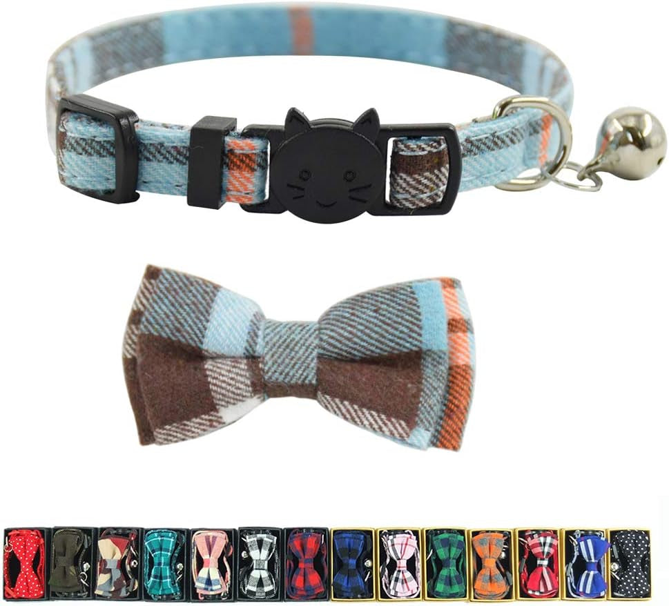 Cat Collar Breakaway with Bell and Bow Tie, Plaid Design Adjustable Safety Kitty Kitten Collars(6.8-10.8In)(Pink Plaid 2)