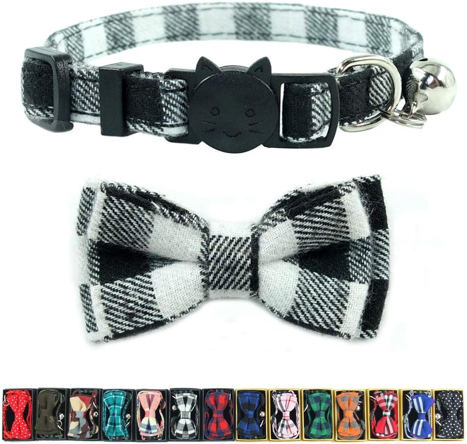 Cat Collar Breakaway with Bell and Bow Tie, Plaid Design Adjustable Safety Kitty Kitten Collars(6.8-10.8In)(Pink Plaid 2)