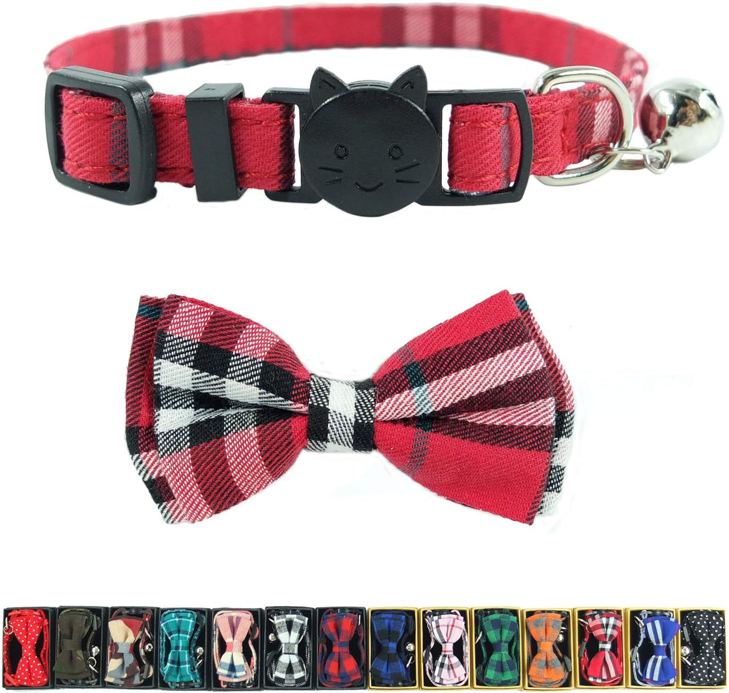 Cat Collar Breakaway with Bell and Bow Tie, Plaid Design Adjustable Safety Kitty Kitten Collars(6.8-10.8In)(Pink Plaid 2)