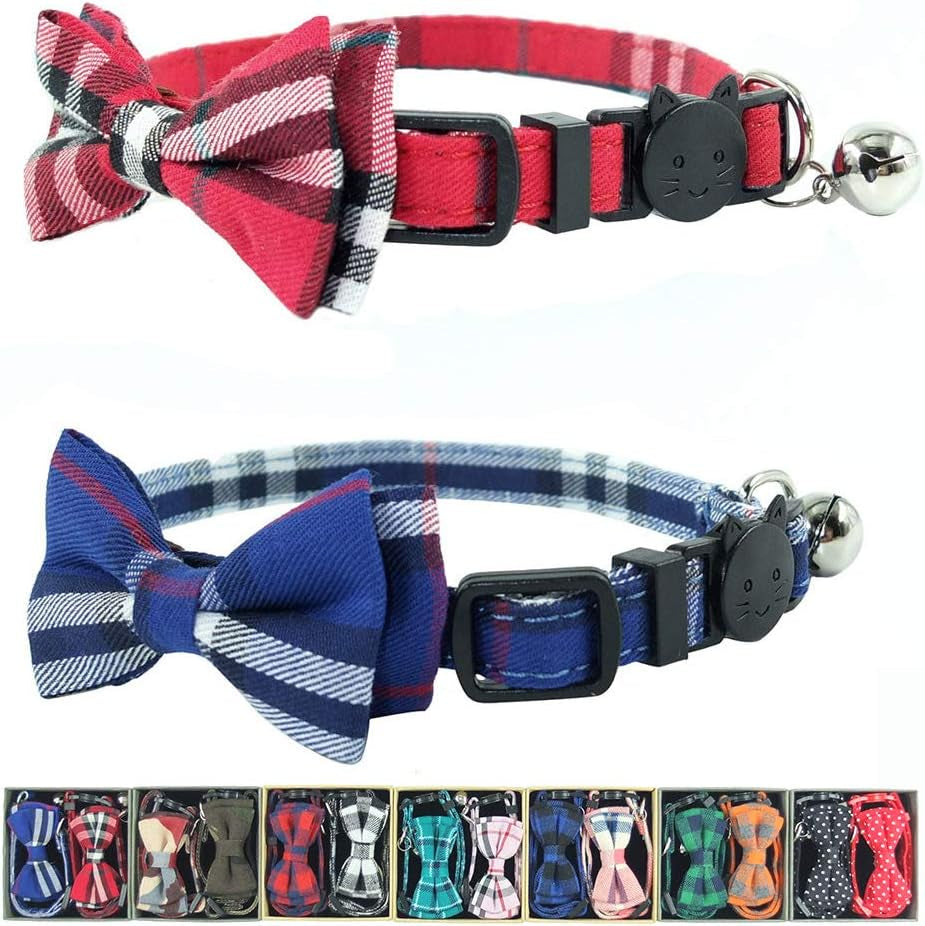 Cat Collar Breakaway with Bell and Bow Tie, Plaid Design Adjustable Safety Kitty Kitten Collars(6.8-10.8In)(Pink Plaid 2)