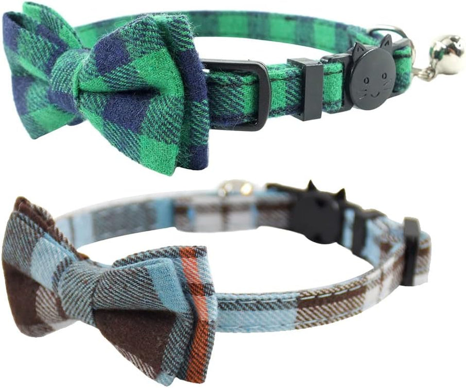Cat Collar Breakaway with Bell and Bow Tie, Plaid Design Adjustable Safety Kitty Kitten Collars(6.8-10.8In)(Pink Plaid 2)