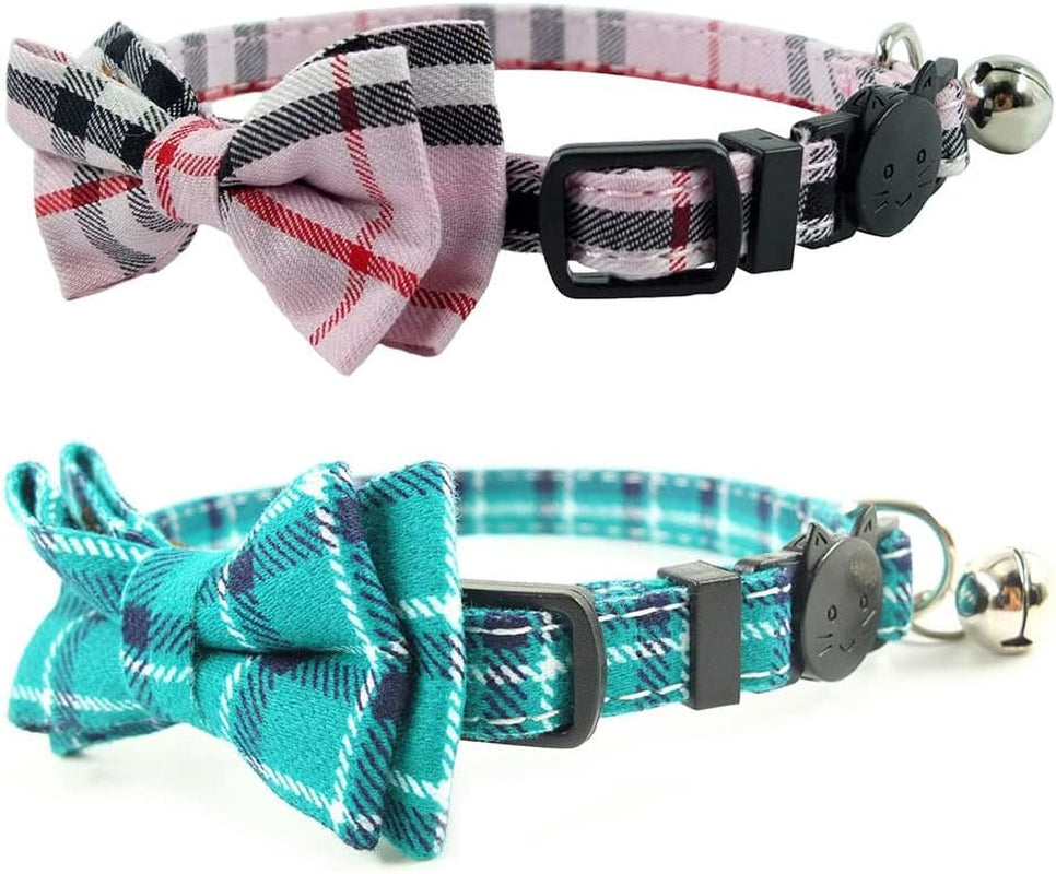 Cat Collar Breakaway with Bell and Bow Tie, Plaid Design Adjustable Safety Kitty Kitten Collars(6.8-10.8In)(Pink Plaid 2)
