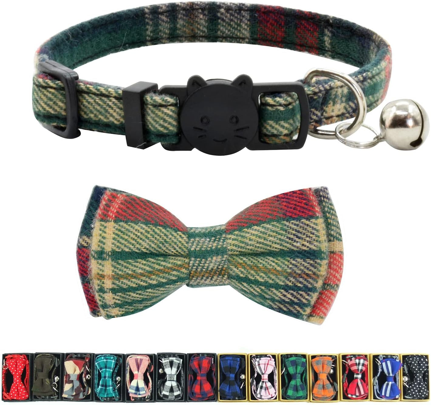 Cat Collar Breakaway with Bell and Bow Tie, Plaid Design Adjustable Safety Kitty Kitten Collars(6.8-10.8In)(Pink Plaid 2)