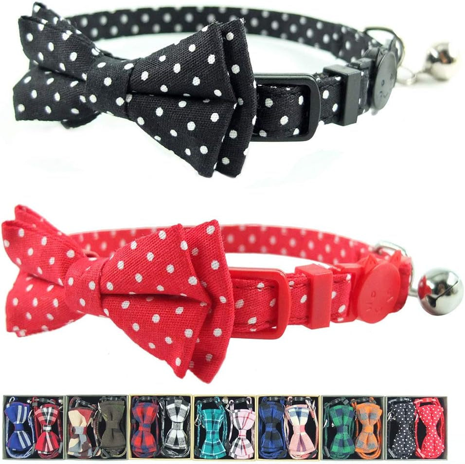 Cat Collar Breakaway with Bell and Bow Tie, Plaid Design Adjustable Safety Kitty Kitten Collars(6.8-10.8In)(Pink Plaid 2)