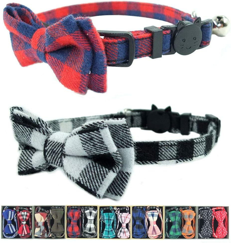 Cat Collar Breakaway with Bell and Bow Tie, Plaid Design Adjustable Safety Kitty Kitten Collars(6.8-10.8In)(Pink Plaid 2)