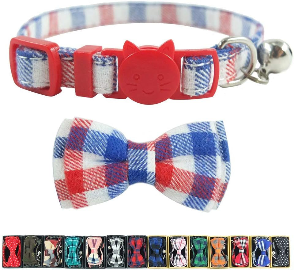 Cat Collar Breakaway with Bell and Bow Tie, Plaid Design Adjustable Safety Kitty Kitten Collars(6.8-10.8In)(Pink Plaid 2)