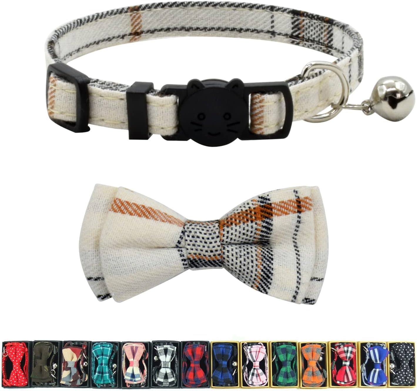Cat Collar Breakaway with Bell and Bow Tie, Plaid Design Adjustable Safety Kitty Kitten Collars(6.8-10.8In)(Pink Plaid 2)
