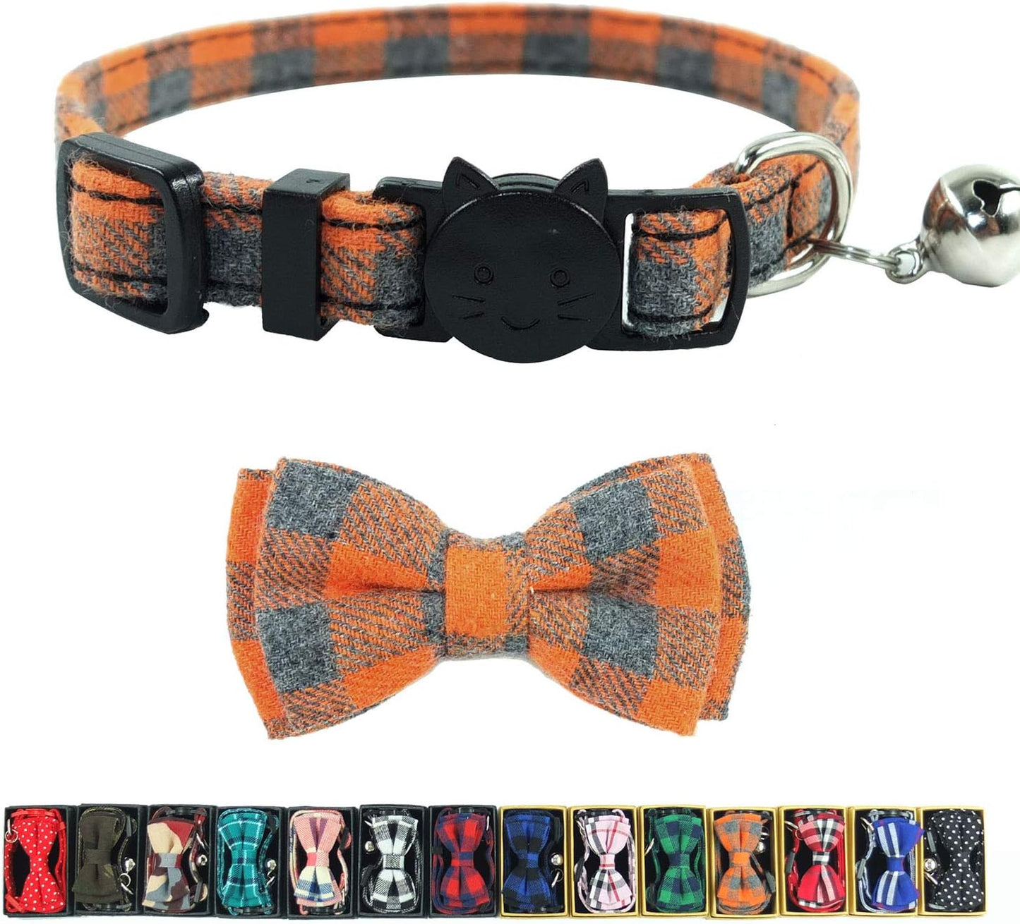 Cat Collar Breakaway with Bell and Bow Tie, Plaid Design Adjustable Safety Kitty Kitten Collars(6.8-10.8In)(Pink Plaid 2)