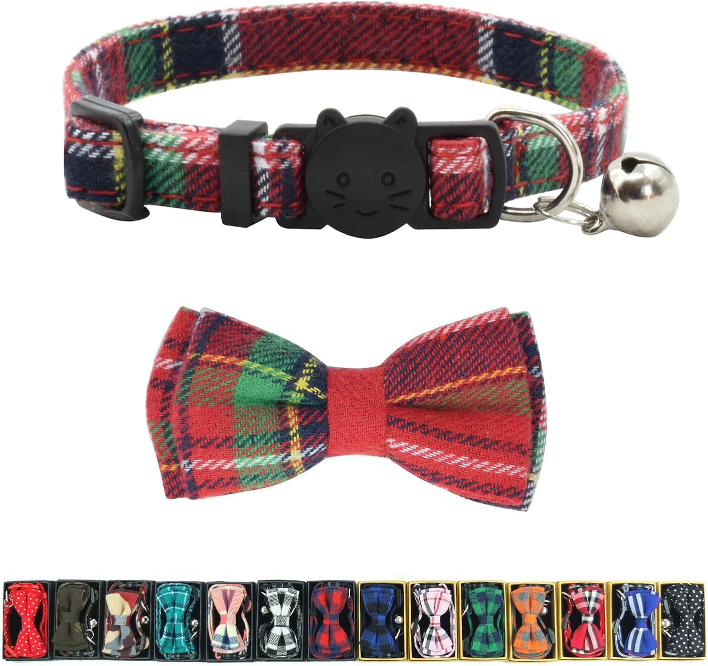 Cat Collar Breakaway with Bell and Bow Tie, Plaid Design Adjustable Safety Kitty Kitten Collars(6.8-10.8In)(Pink Plaid 2)