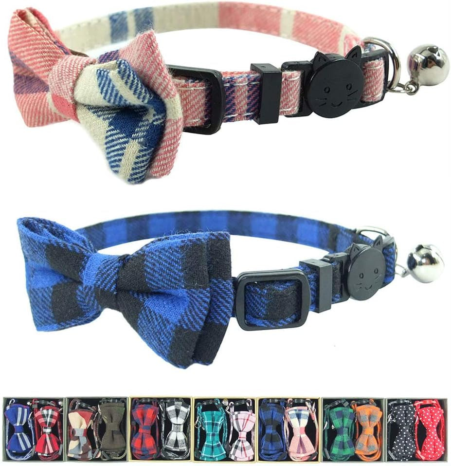 Cat Collar Breakaway with Bell and Bow Tie, Plaid Design Adjustable Safety Kitty Kitten Collars(6.8-10.8In)(Pink Plaid 2)