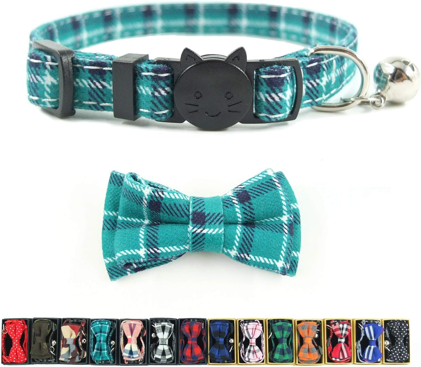 Cat Collar Breakaway with Bell and Bow Tie, Plaid Design Adjustable Safety Kitty Kitten Collars(6.8-10.8In)(Pink Plaid 2)