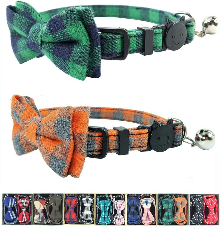 Cat Collar Breakaway with Bell and Bow Tie, Plaid Design Adjustable Safety Kitty Kitten Collars(6.8-10.8In)(Pink Plaid 2)