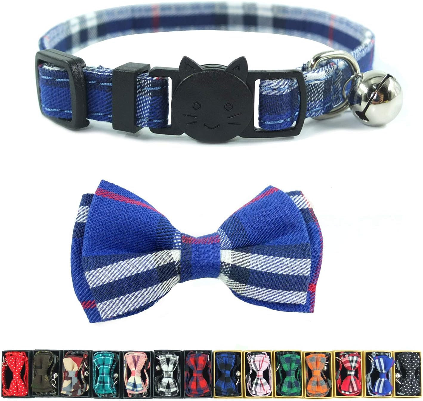 Cat Collar Breakaway with Bell and Bow Tie, Plaid Design Adjustable Safety Kitty Kitten Collars(6.8-10.8In)(Pink Plaid 2)