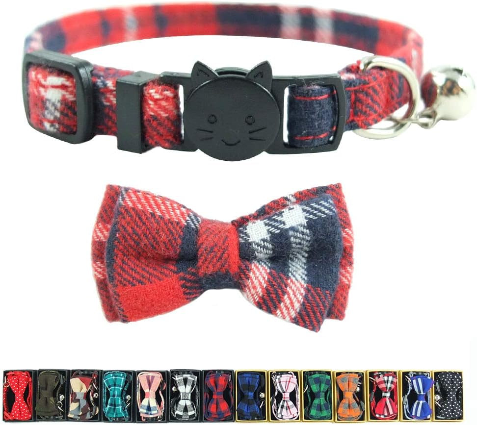 Cat Collar Breakaway with Bell and Bow Tie, Plaid Design Adjustable Safety Kitty Kitten Collars(6.8-10.8In)(Pink Plaid 2)