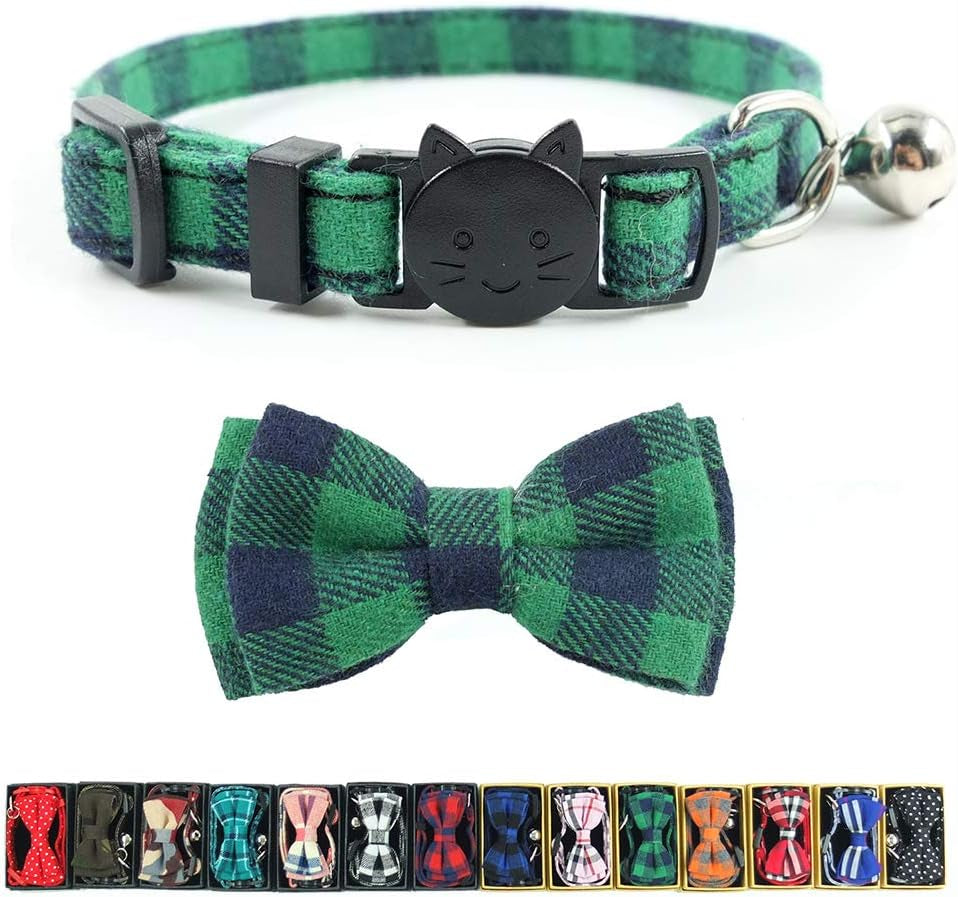 Cat Collar Breakaway with Bell and Bow Tie, Plaid Design Adjustable Safety Kitty Kitten Collars(6.8-10.8In)(Pink Plaid 2)