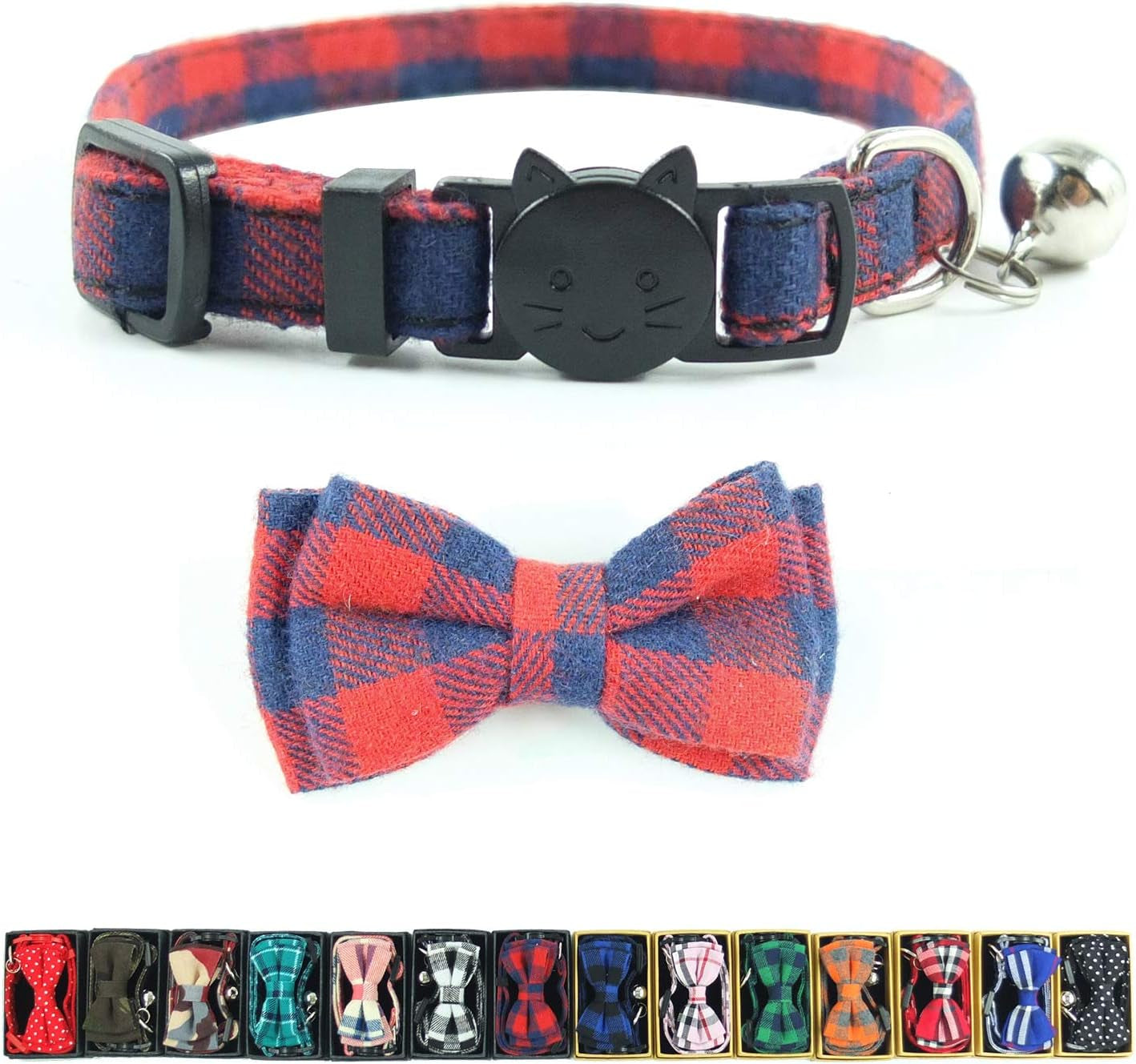 Cat Collar Breakaway with Bell and Bow Tie, Plaid Design Adjustable Safety Kitty Kitten Collars(6.8-10.8In)(Pink Plaid 2)
