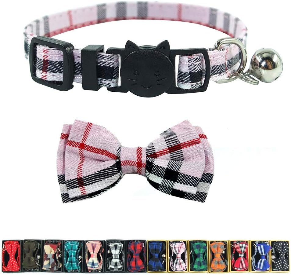 Cat Collar Breakaway with Bell and Bow Tie, Plaid Design Adjustable Safety Kitty Kitten Collars(6.8-10.8In)(Pink Plaid 2)